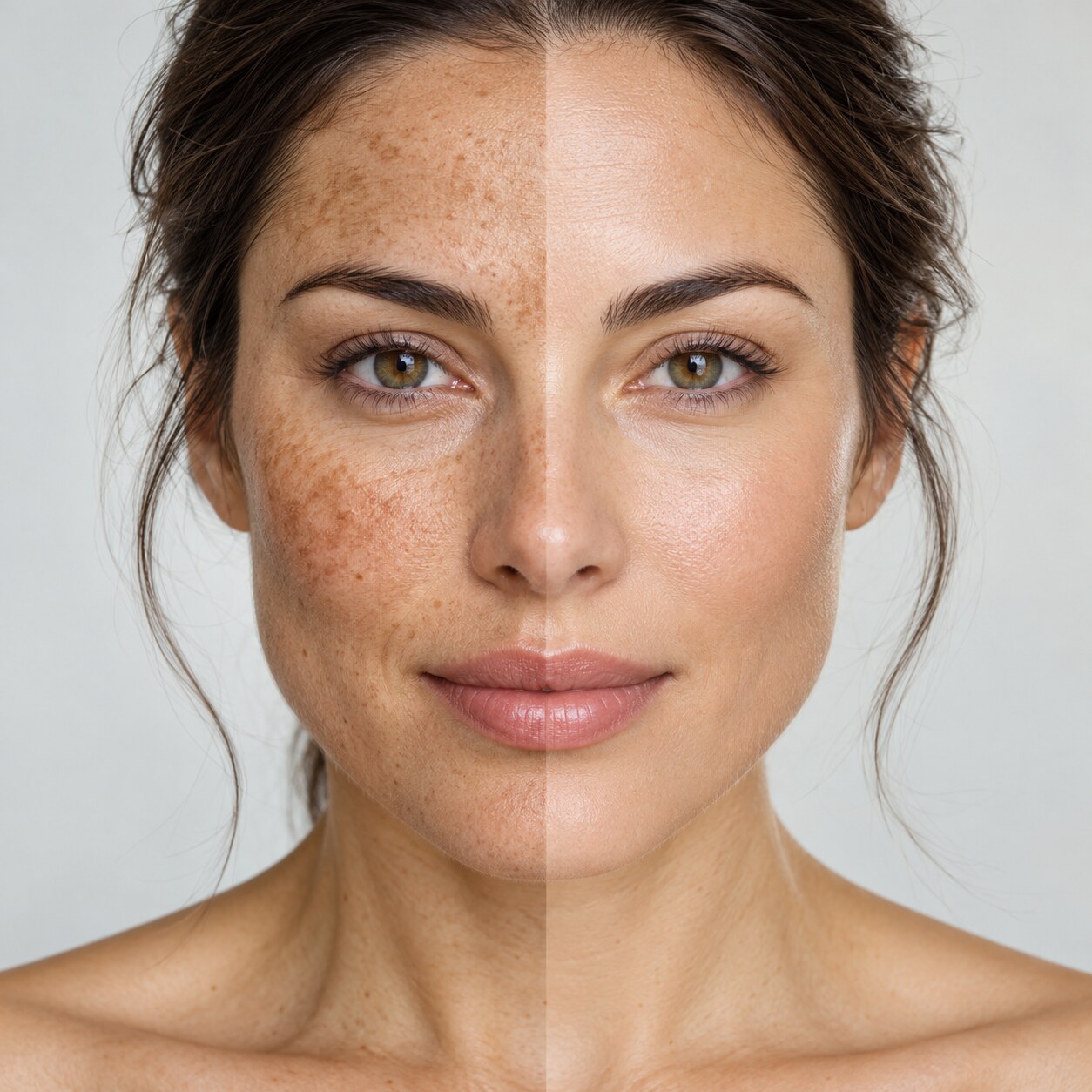 Fictional AI split-face illustration of pigmentation and more even-looking skin